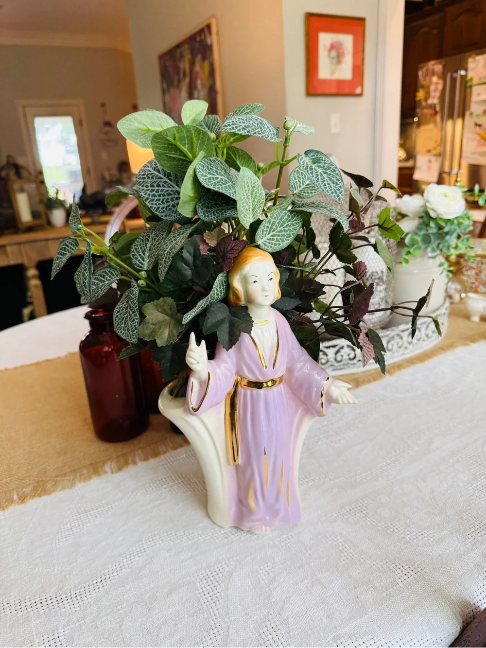 ❤️sold1950s Lady Head Vase Planter – Pink & Lilac Ceramic with Gold Accents - Picture 5 of 14